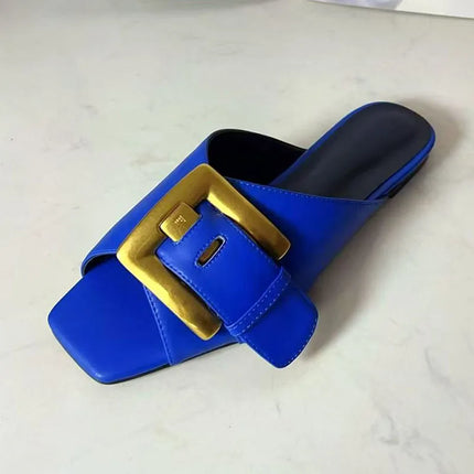 Blue Denim Slippers Woman Open Toe Gold Buckle Decor Flat Shoes Lady Sexy Gladiator Sandals