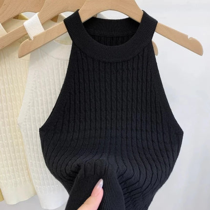 2026 Summer New Women's Knitted Halter Camisole Slim Fit Sleeveless Base Tank Tops Solid Color O-neck Outerwear Vests Crop Tops