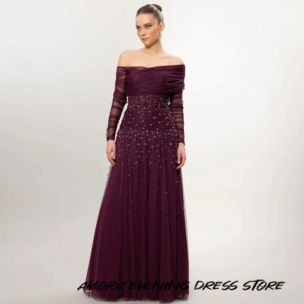 Customized Off the Shoulder A-Line Evening Dress Elegant Beading Celebrity Gowns Fashion Long Sleeves Bespoke Occasion Gowns