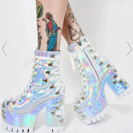 Size 47 Women Sliver Laser Shiny Patent Leather Cross Tied Lace Up Round Toe Platform Chunky Heels Ankle Boots Punk Short Boots