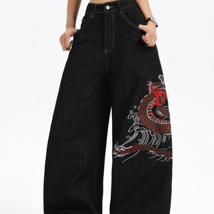 European And American Millennium Asian Cool Style Loose Jeans Traditional Dragon Pattern Embroidered High Waist Wide Leg Pants