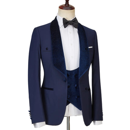 Cenne Des Graoom 2022 New Design Navy Blue Shiny Velvet Lapel Suits For Men GiftWedding Party Blazer Vest Trousers 3 Pieces Set