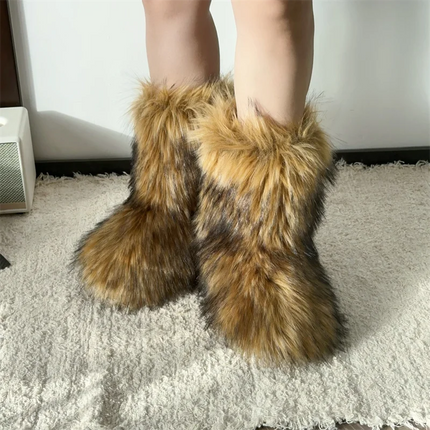 Women Faux Fur Fluffy Plush Furry Boots Comfortable Female Snow Boots Fur Shoes Outdoor Mid Calf Boots