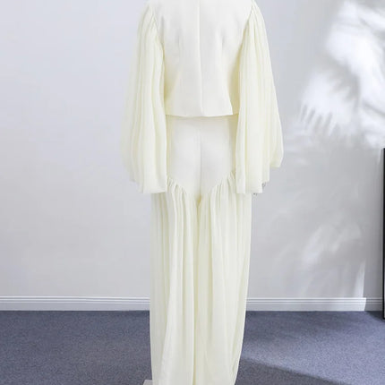 Small Lapel Women's Two Piece Set Flare Sleeve Top High Slit Long Pants Fashion Two Piece Outfit Button Waist Cinching Cardigan
