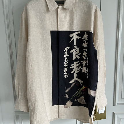 TOP-YAMAMOTO original design, French linen, bad old man printed linen shirt, light-colored gentleman