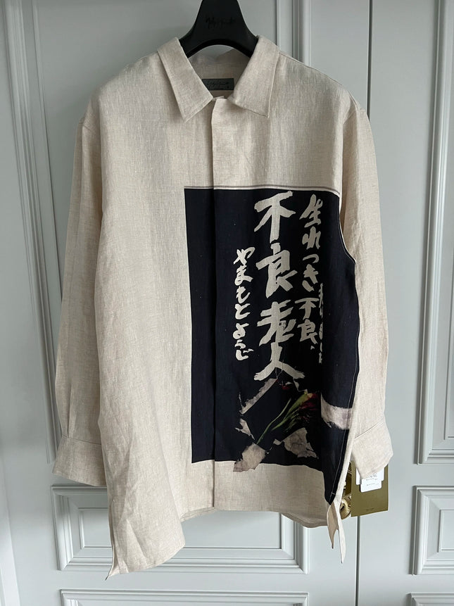TOP-YAMAMOTO diseño original, lino francés, camisa de lino con estampado de "anciano malo", caballero de colores claros
