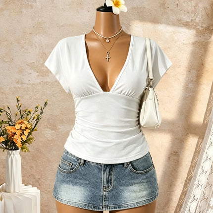 Women Short Sleeve Deep V Neck Side Ruched Wrap Crop T Shirt 2026 Summer Y2K Casual Streetwear Basic Solid Tees