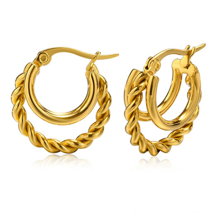 SKU Trendy Stainless Steel Hoop Earrings for Women Girls Party Gift, Gold Plated Metal Layered Twisted Rope Huggie Ear Jewelry