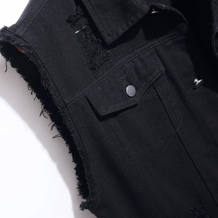 Men's Black Denim Vest Holes Ripped Cotton Waistcoat Fringe Sleeveless Lapel Collar Coat Top Outerwear