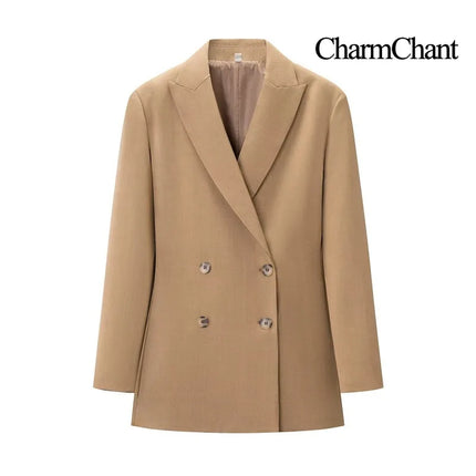 CharmChant Blazers and Suit Sets Khaki Double Breasted Wide Leg Pants Set Peak Lapel Tailored Fit Office Formal Business Suit