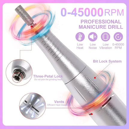 Professional Electric Nail Drill Machine 45000RPM Portable Nail Sander File Rechargeable Low Noise Manicure Salon Tool