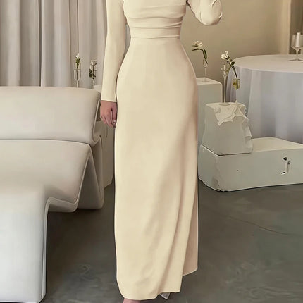 Temperament Women Long Sleeve Party Maxi Dresses Fashion Square Collar Pleated Evening Dress White Slim High Waist Banquet Dress