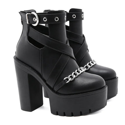 New sexy High heels Fashion Ankle Boots For Women High Heels Casual Cut-outs Buckle Round Toe Chain Thick Heels Platform Shoes