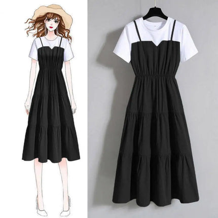 2024 Fashion Strap Fake Two piece Dress Block Summer Short sleeved Dress Women's Waist Tight Dress