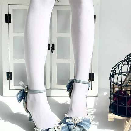 lolita Women heels Wedding designer shoes White shoes cute shoesBlue Pointed-Toe Slip-On Bow Handmade High Heels
