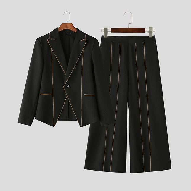INCERUN Herren-Sets, Patchwork, elegant, Langarm-Blazer & weite Hosen, zweiteiliges Set, Streetwear, Mode, Herren-Freizeitanzüge