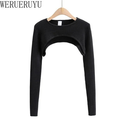 T-shirts Long Sleeve Crop Top Spring Autumn Y2k Aesthetic Clothes O-neck Black White Sexy Harajuku Knitted