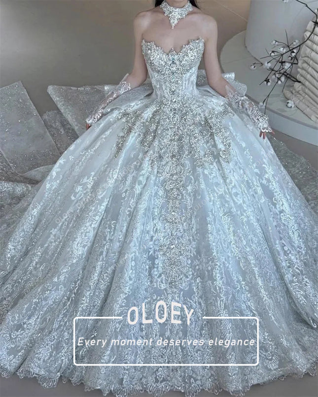 OLOEY Luxuriöses Prinzessinnen-Hochzeitskleid mit Spitze, Kristallen, Herzausschnitt, Brautkleid mit Ärmeln, Quinceanera-Kleid für Damen, maßgeschneidert