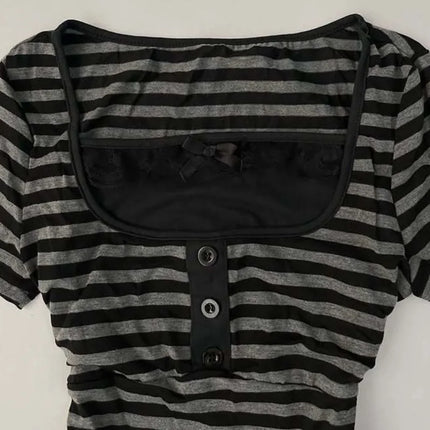 Gothic Harajuku Y2K Women's Crop Top Casual Slim Fit Striped Lace Bow Button Design Short Sleeve T-Shirt Chic Trendy Streetwear