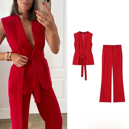 KONDALA Office Lady Chic Red Vest Blazer Suit V Neck Sashes Sleeveless Blazer High Waist Wide Leg Pants Fashion 2025 Summer Sets