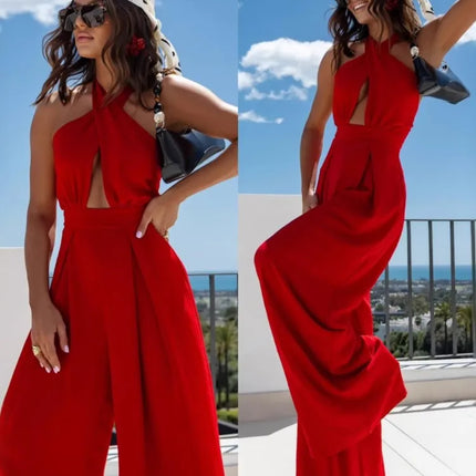 Sexy Backless Halter Neck Sleeveless Bandage Jumpsuit Summer Women Fashion Red Black Hollow Out Wide Leg Jumpsuits Streetwear