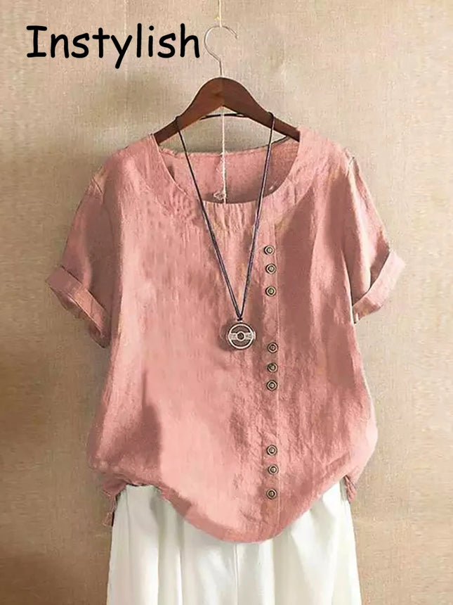 Vintage Harajuku Button T-Shirt Lässiges Sommer Kurzarm Baumwoll-Leinen Uni Lose Bluse Elegantes Oversize T-Shirt Streetwear