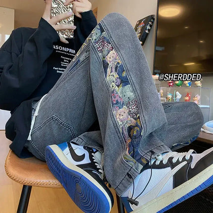 2023 Embroidered Bear Jeans Men's Spring Fall Straight Leg Loose Plus Wide Leg Fashion Brand American High Street Casual Pants