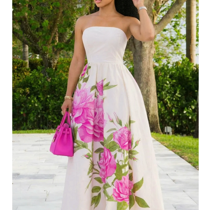 Women Tube Strapless Waist Flowy Maxi Dress With Floral Print For Wedding Guest Resort And Vacation Occasion