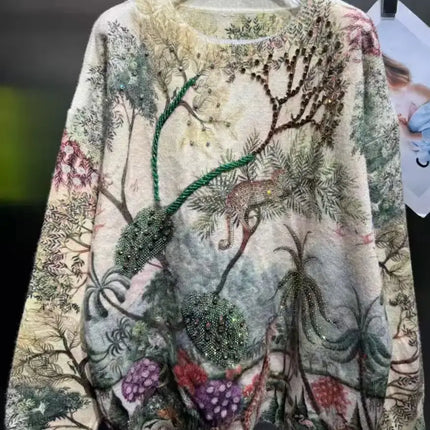 Luxury Vintage Crystal Stones Stitch Sweater for Women Autumn/Winter Sweaters New Knit Outwears Knitwear Pullover Femme Clothes