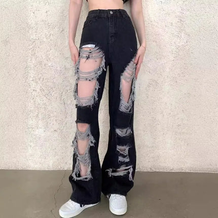 Women Summer Ripped Distressed Jeans Denim Straight Wide LegFloor LengthPants Trousers Long Loose Bottoms Girl Lady FemaleCasual