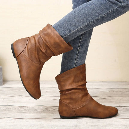Short Boots Women's White New Pleated Women's Boots Flat Bottomed Versatile Woman Boots Large Size Woman Booties