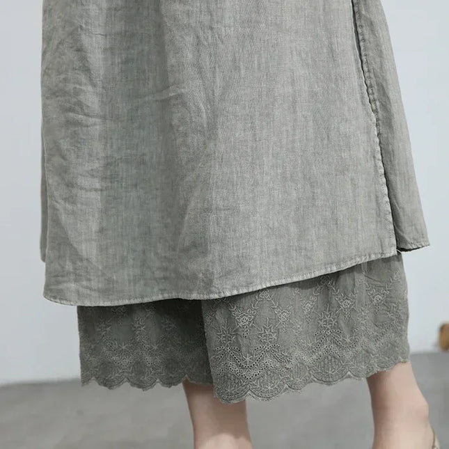 100% Baumwolle Leinen Mori Girl Blumenstickerei Saum Weites Bein Hose Rock Ästhetisch Märchen Grunge Mittelalterlich Locker Zerrissen Hose