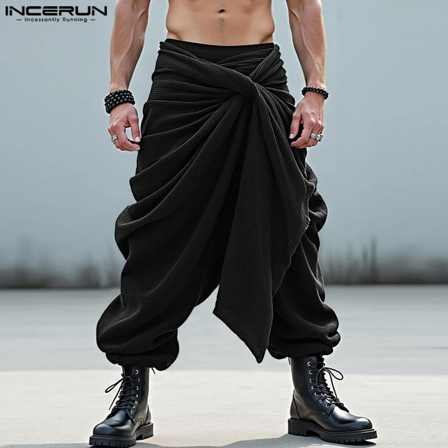 INCERUN Herren Unregelmäßige Hose Einfarbig Jogger Schnürung Lässige Hose Herren Streetwear Locker Plissierte Mode Lange Hose S-5XL