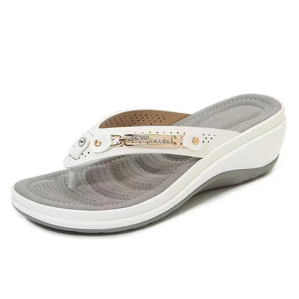 White thong wedge sandal with metallic strap details