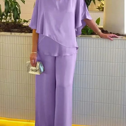 Summer New Solid Color Round Neck Short Sleeve Women Suit Casual Loose Irregular  Top Elegant Female Jumpsuits Office 2piece Set