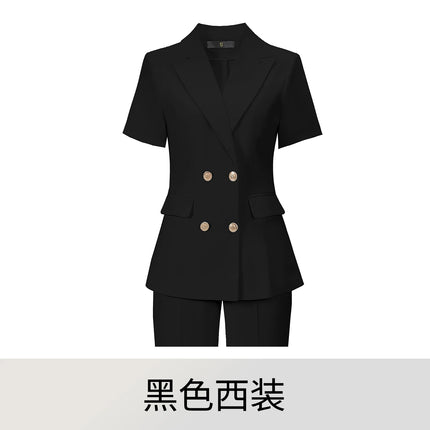 2‑Piece Women Office Suit Short Sleeve Double Breasted Blazer + High Waist Pants Ladies Formal Business Workwear Set Multiple Co