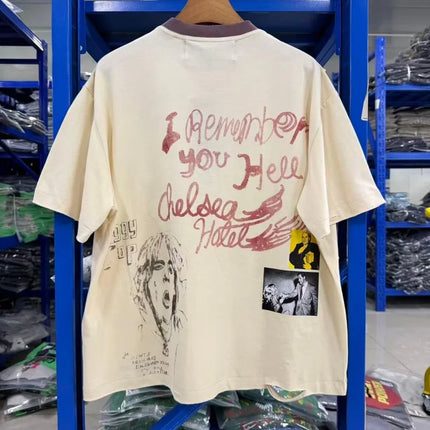Vintage Cream Washed Ringer Neck Men T-Shirt PALY Distressed Retro City Sketch & Portrait Print Tee