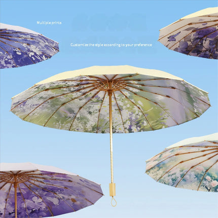 High-value 16-bone manual sun umbrella for women's sun protection ultraviolet rain dual-purpose umbrella color glue folding oil