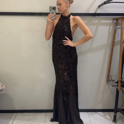 Elegant Sequin Shiny Halter Long Dress Fashion Sexy See Through Sleeveless Backless Slim Fit Gown NEW Lady Evening Party Outfit