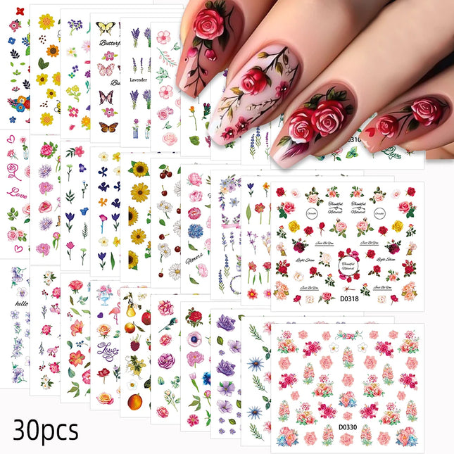 3D Flores Coloridas Cerezo Rosa Margarita Calcomanías de Uñas 20/30/60/70/90pcs Bonito Corazón Pegatina de Uñas Decoración de Manicura 5.5*6cm
