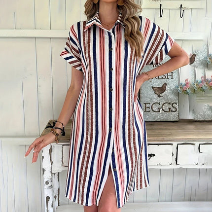 2025 New Woman Dress Women's Clothing Summer Lapel Loose Short Sleeved Shirt Button Striped Dress Beach Party Women's Mini Dress