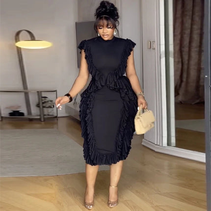 Elegant Women Summer Ruffles Dress Sleeveless Bodycon Round Neck Casual Vintage Slim Evening Party Club Midi Dresses