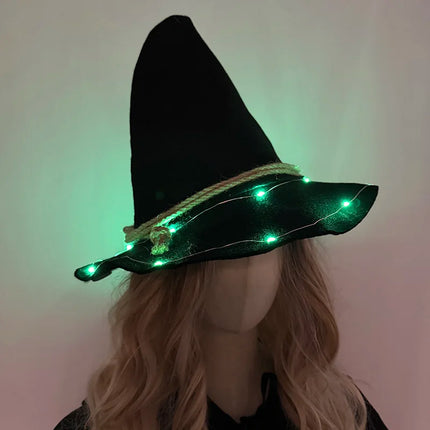 LED Light Up Witch Hat Black Pointed Wizard Hat with Rope Glowing Party Hats Halloween Cosplay Costume Accessory for Women