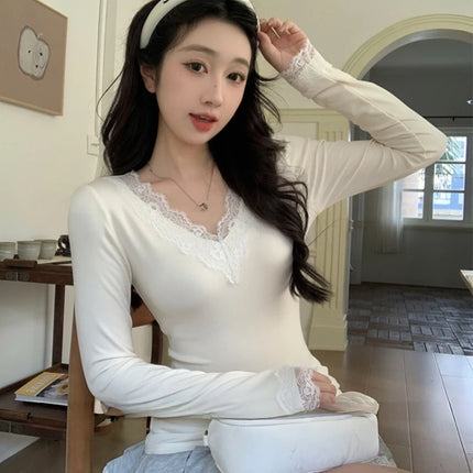 French Lace Spliced Long Sleeve V Neck Shirt Slim Fit Casual Blouse Basic Autumn Top Regular Shoulder