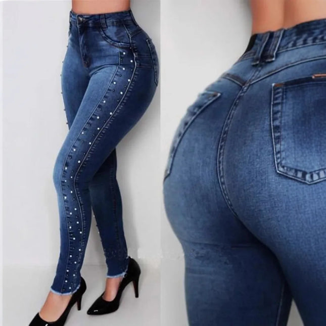 Schlankmachende, Po-formende, High-Waist, schmal geschnittene Jeans, Vier Jahreszeiten neue modische diamantbesetzte lässige Bleistiftjeans für Damen