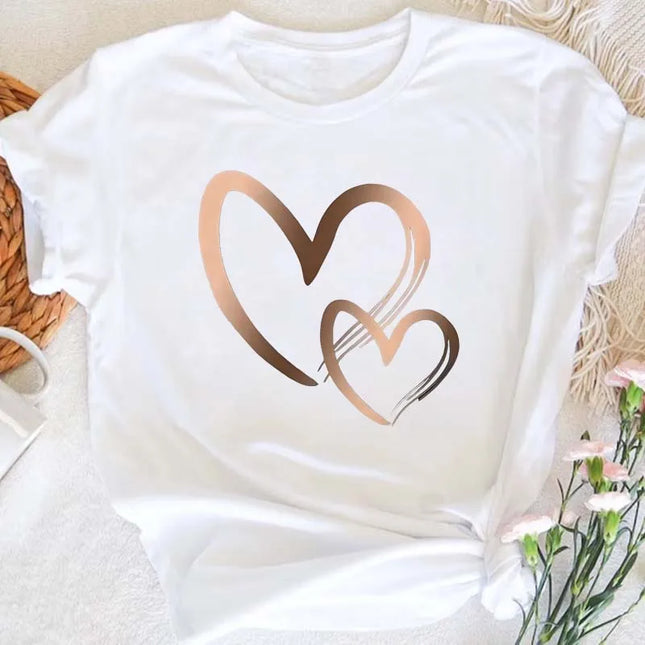 Camiseta de mujer de nueva moda de verano con estampado de corazón, top informal de cuello redondo de manga corta para mujer, ropa de mujer