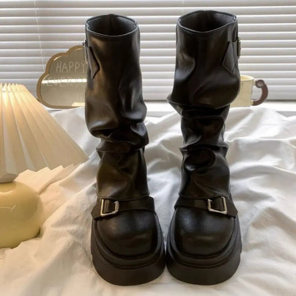 New Design Women Biker Boots Platform Belt Buckle Women's Knee High Booties Harajuku Gladiator Y2K Punk Mid Pipe Booties Girls