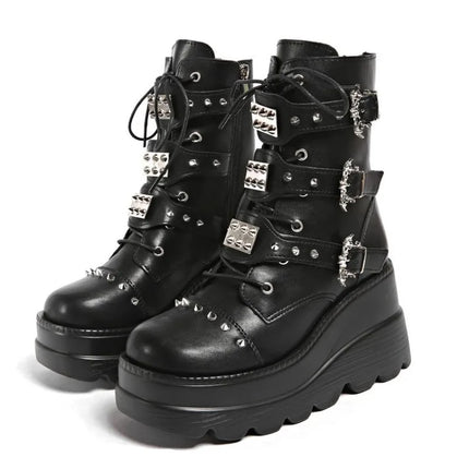 Women's Platform Wedge Ankle Boots Goth Punk Combat Motorcycle Boots Lace Up Side Zip Multi Buckles Studded Spiked Cosplay Shoes