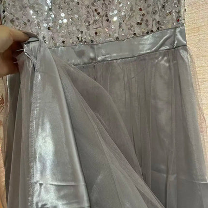 Elegant Sequined Strapless Long Formal Evening Dress Gray
