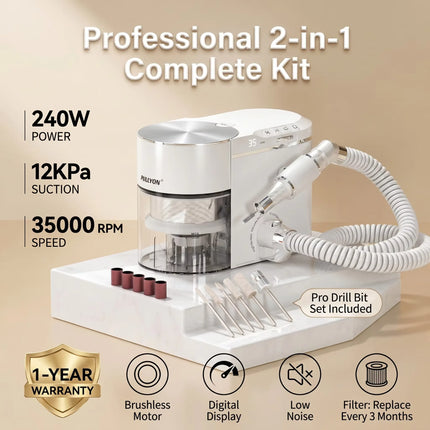 Professional 2 in 1 Nail Drill and Dust Collector 240W Brushless 35000RPM 12KPa Vacuum E-file for Professional Salon Use